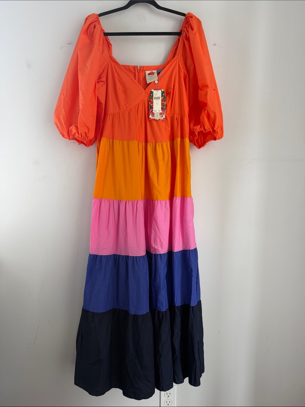 Farm Rio x Anthropologie color block square neck puff sleeve maxi dress sz M NEW - Picture 2 of 7